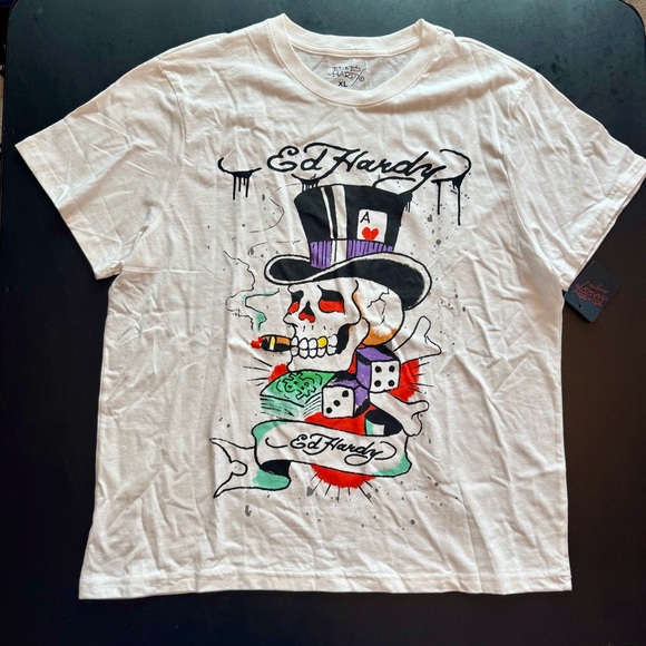 Ed Hardy Designs Men’s XL “Punks Not Dead” Short Sleeve Skull Tshirt. White. NWT - Picture 1 of 5